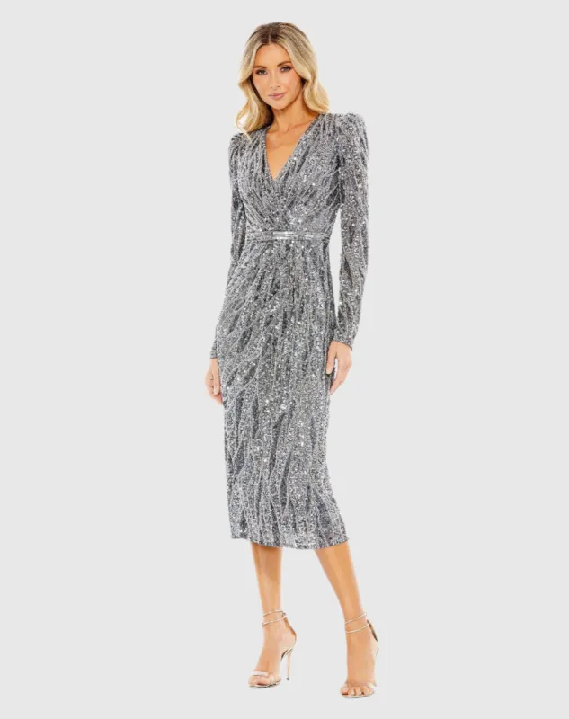 Silver Long Sleeve V Neck Beaded Cocktail Dress sold by Mac Duggal