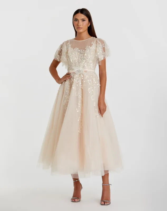 Beige Embellished Flutter Sleeve Bow Waist A Line Dress sold by Mac Duggal
