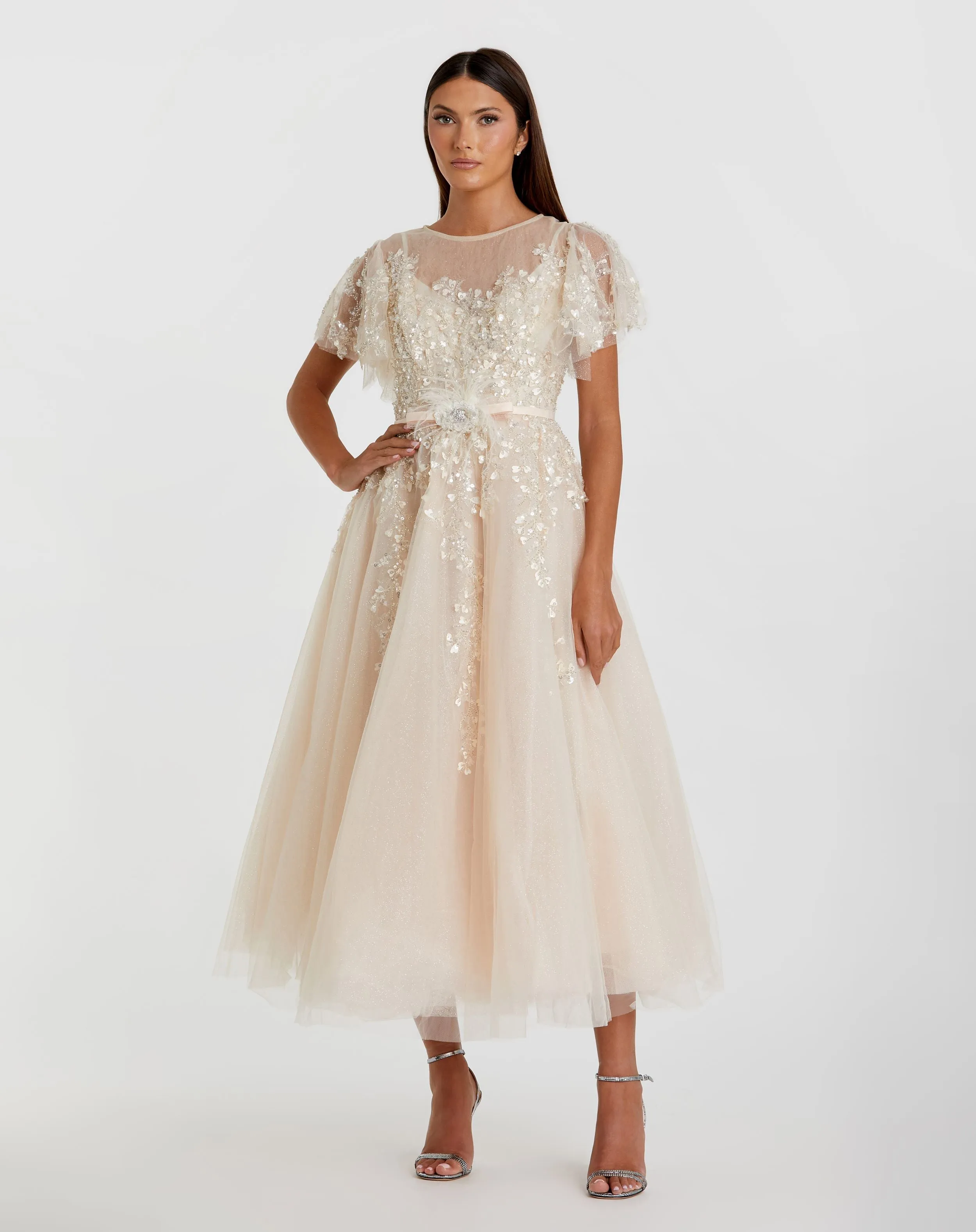 Beige Embellished Flutter Sleeve Bow Waist A Line Dress sold by Mac Duggal