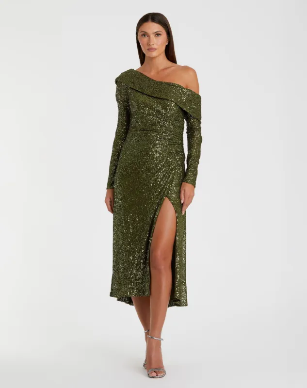 Green One Shoulder Sequin Long Sleeve Midi Dress sold by Mac Duggal