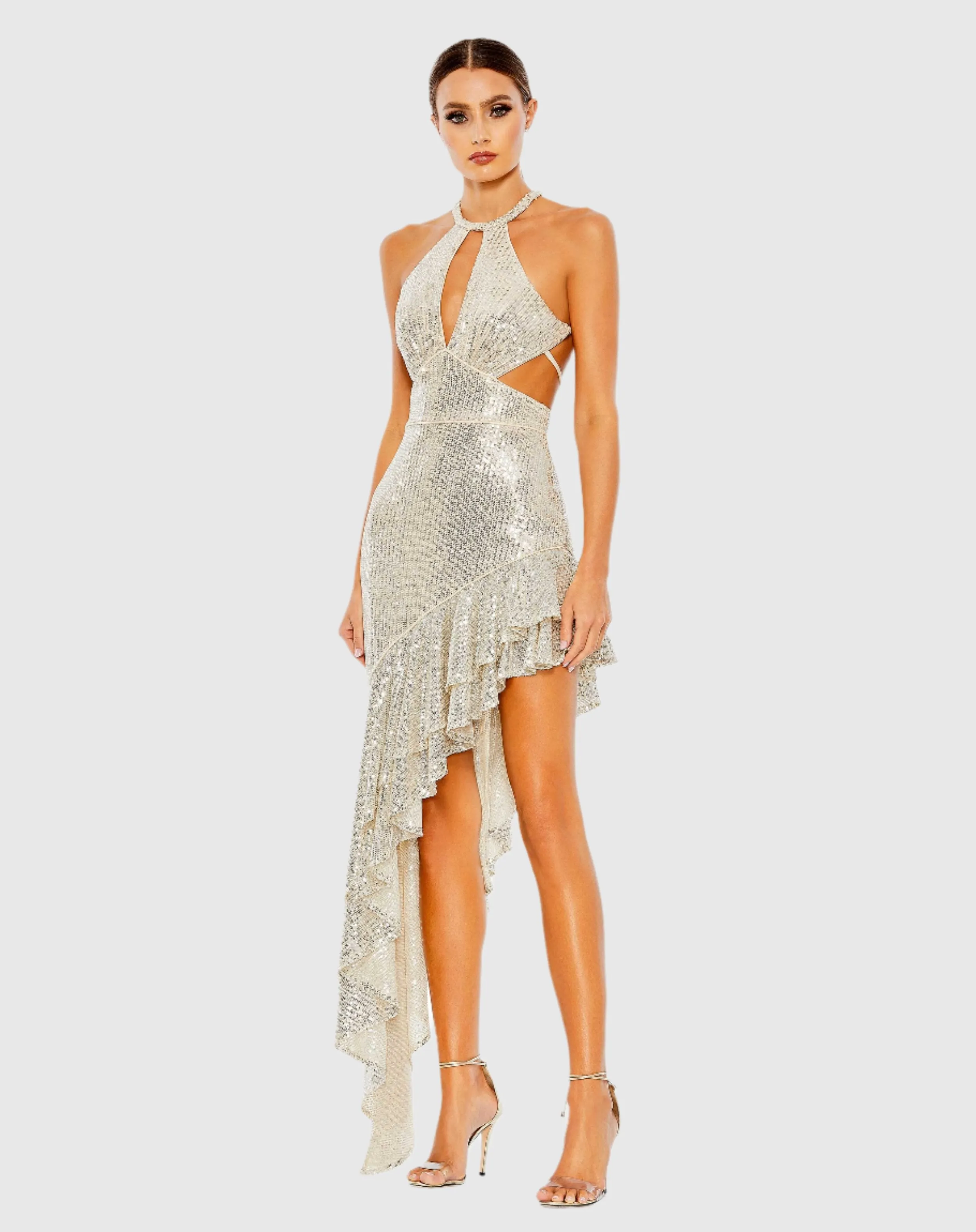 Sequined Halter Cut Out Ruffle Asymmetrical Dress sold by Mac Duggal product image thumbnail 2
