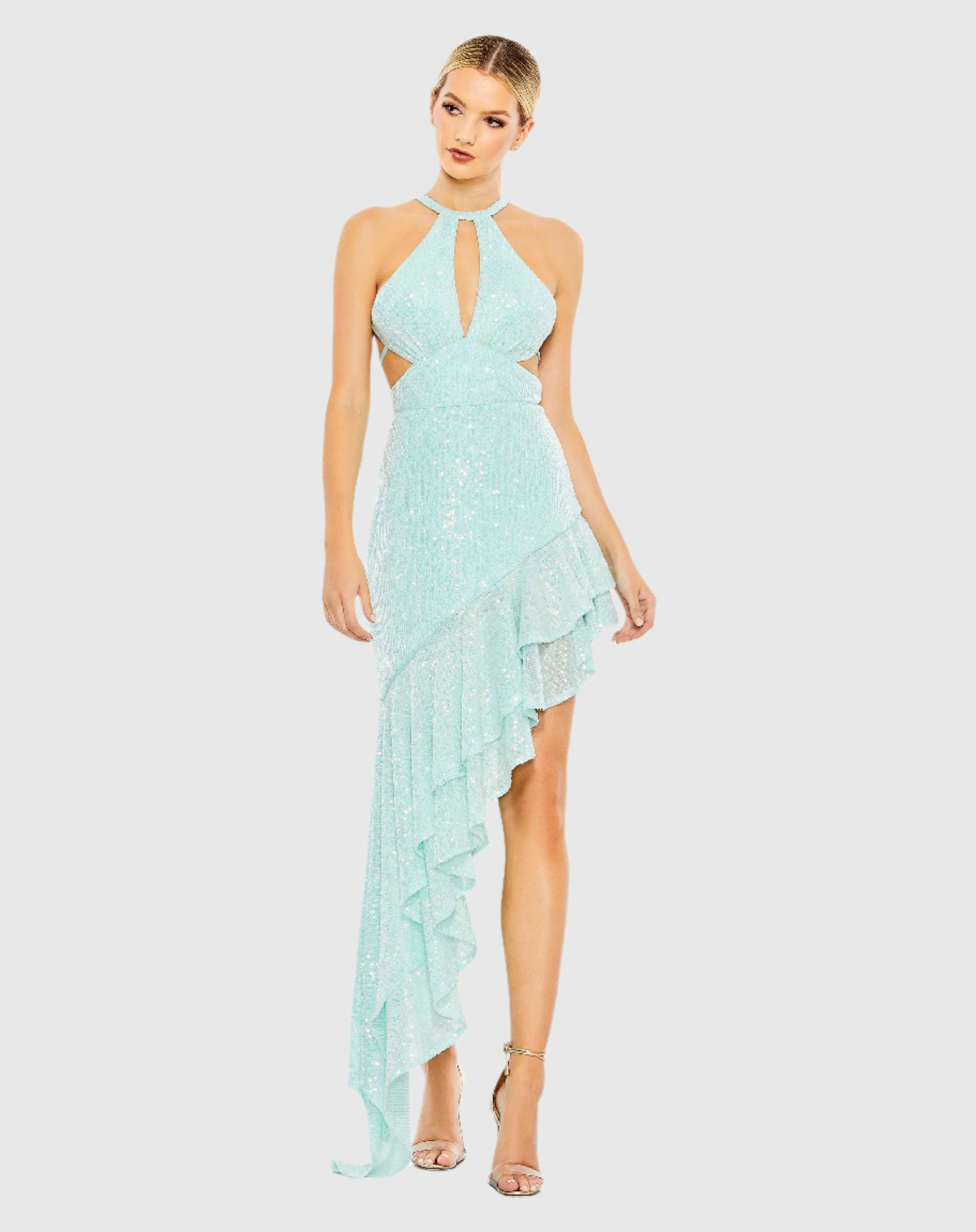 Sequined Halter Cut Out Ruffle Asymmetrical Dress sold by Mac Duggal