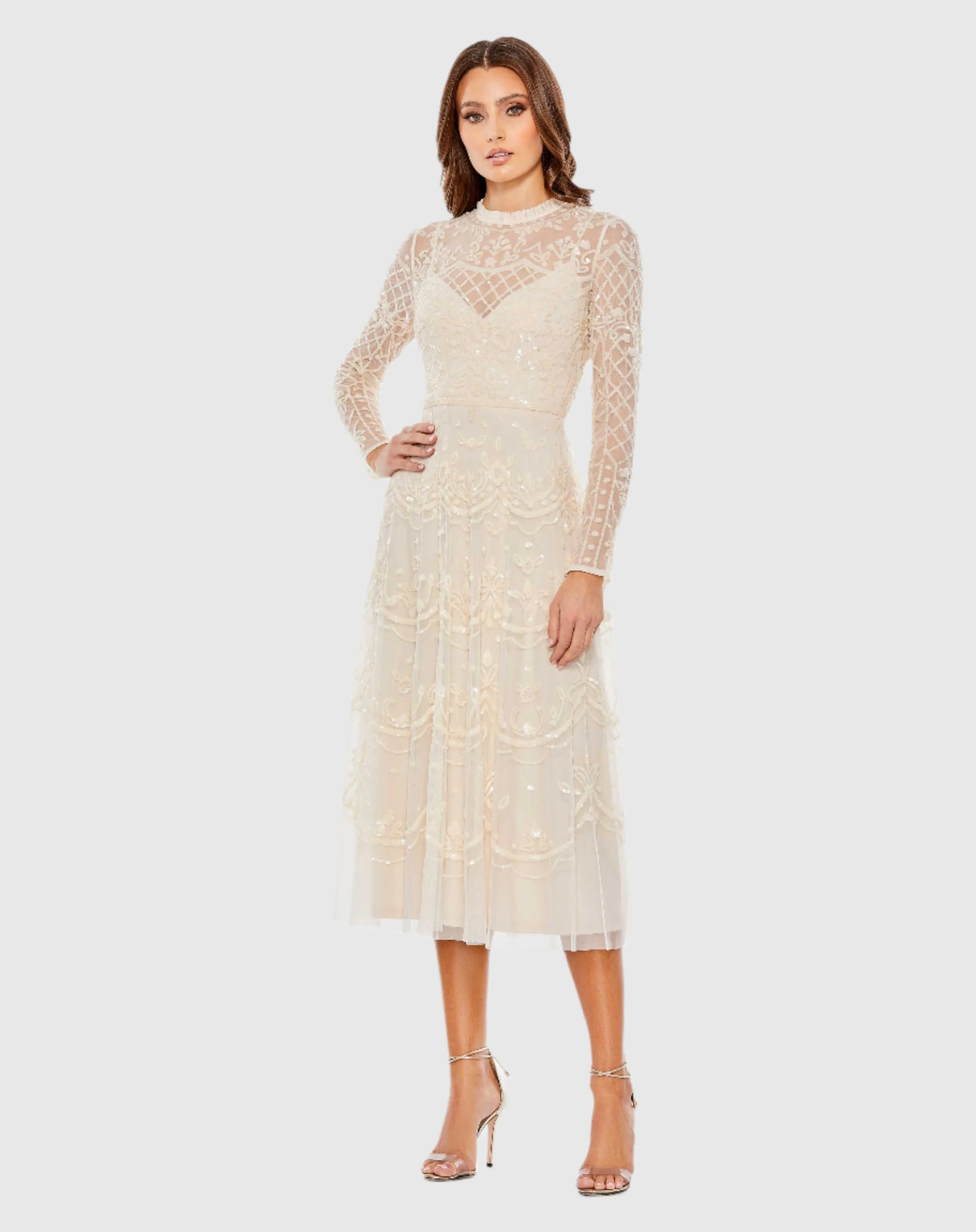 Sequined Illusion High Neck Long Sleeve Midi Dress sold by Mac Duggal product image thumbnail 2