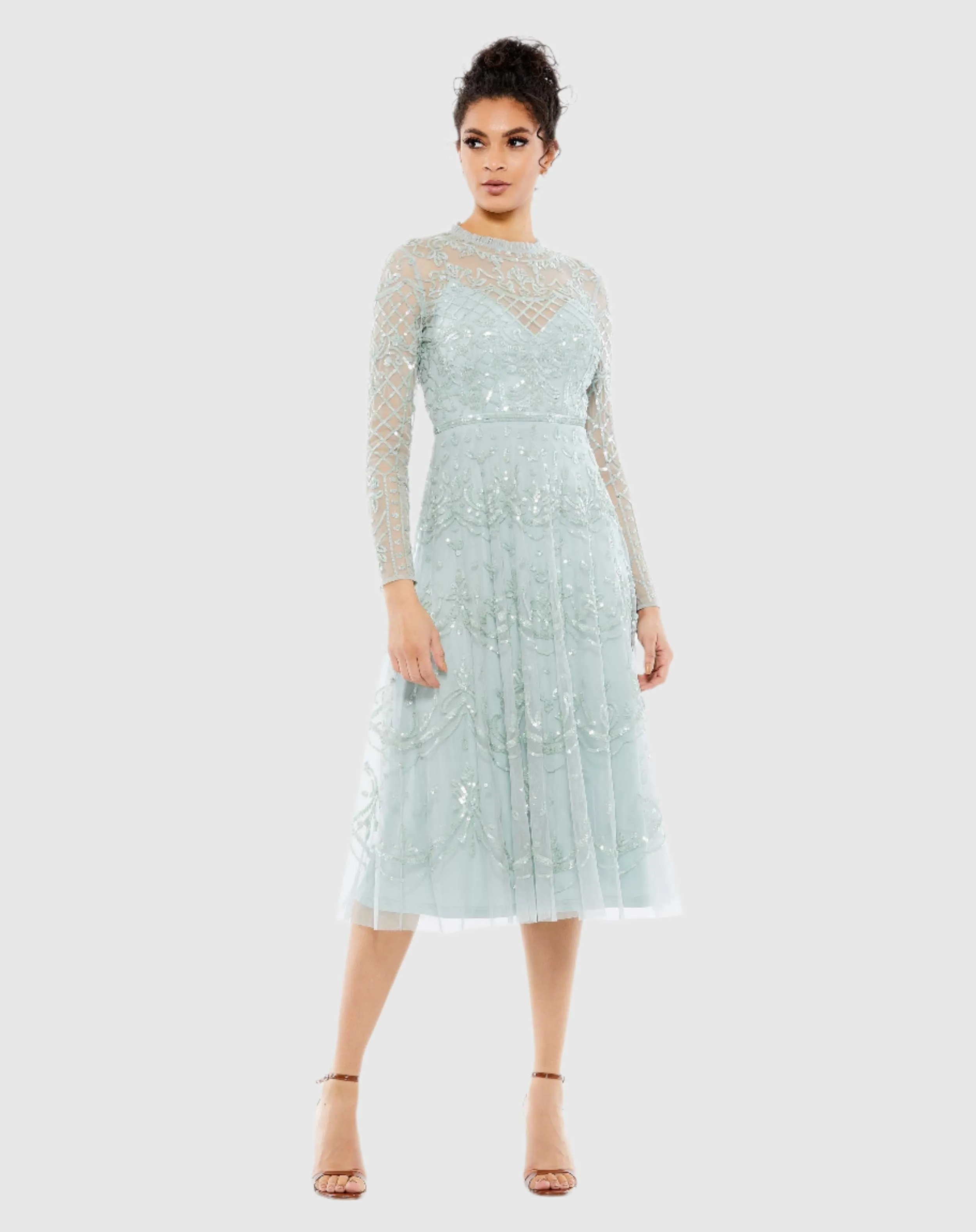 Sequined Illusion High Neck Long Sleeve Midi Dress sold by Mac Duggal