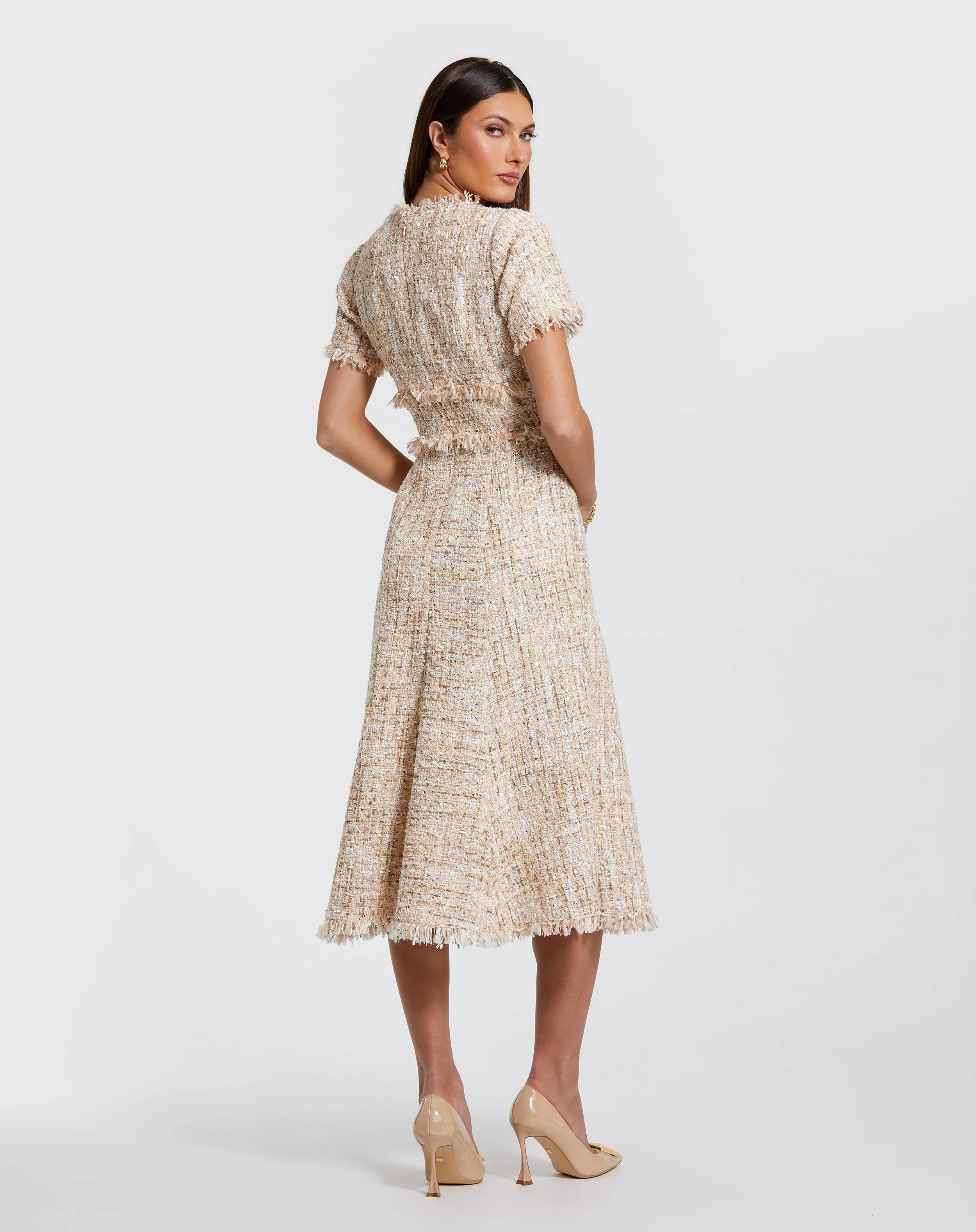 Beige Boucle Short Sleeve A Line Midi Dress sold by Mac Duggal product image thumbnail 4