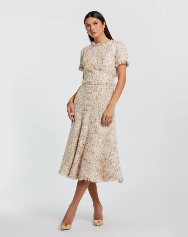 Beige Boucle Short Sleeve A Line Midi Dress made by Mac Duggal