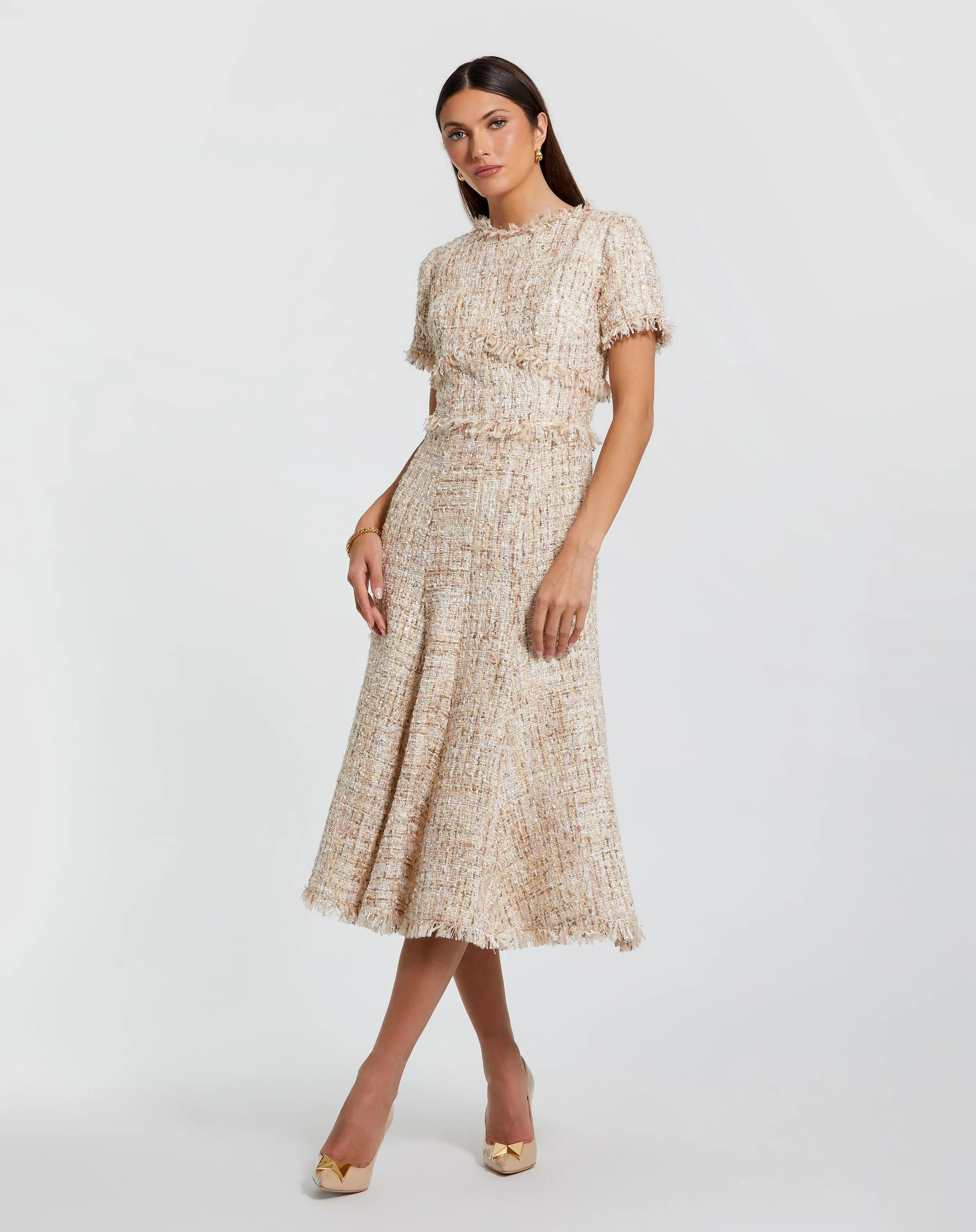 Beige Boucle Short Sleeve A Line Midi Dress sold by Mac Duggal
