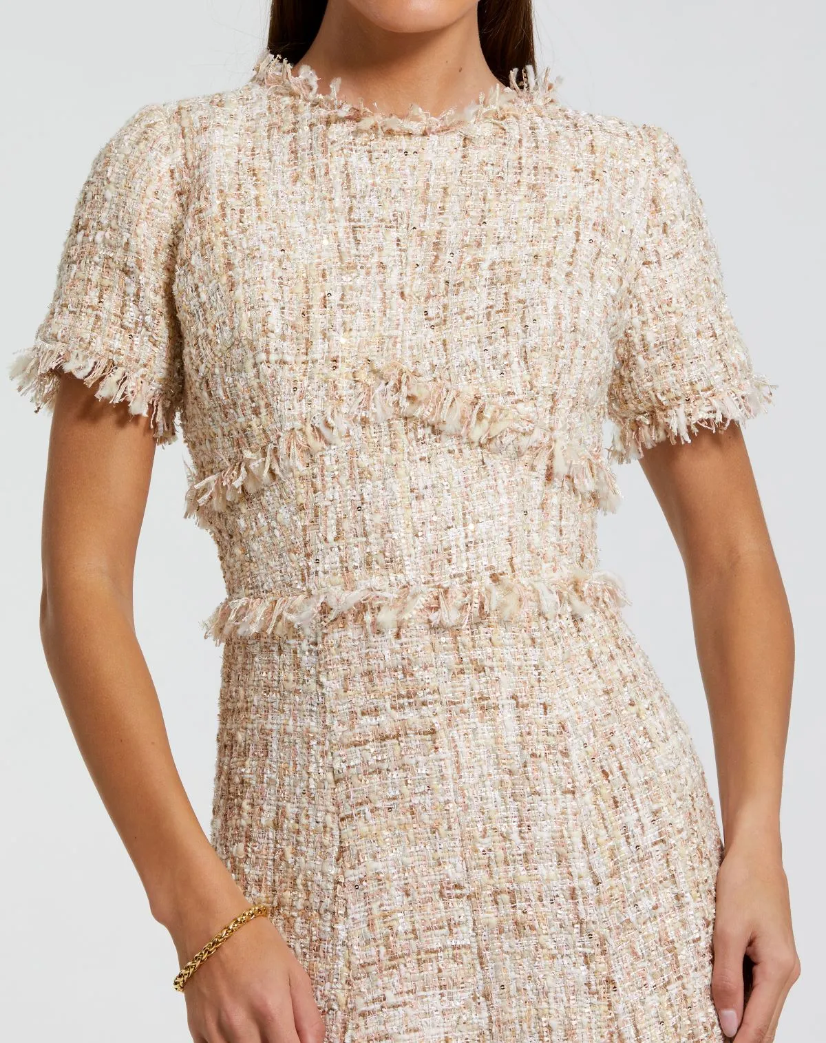Beige Boucle Short Sleeve A Line Midi Dress sold by Mac Duggal product image thumbnail 3
