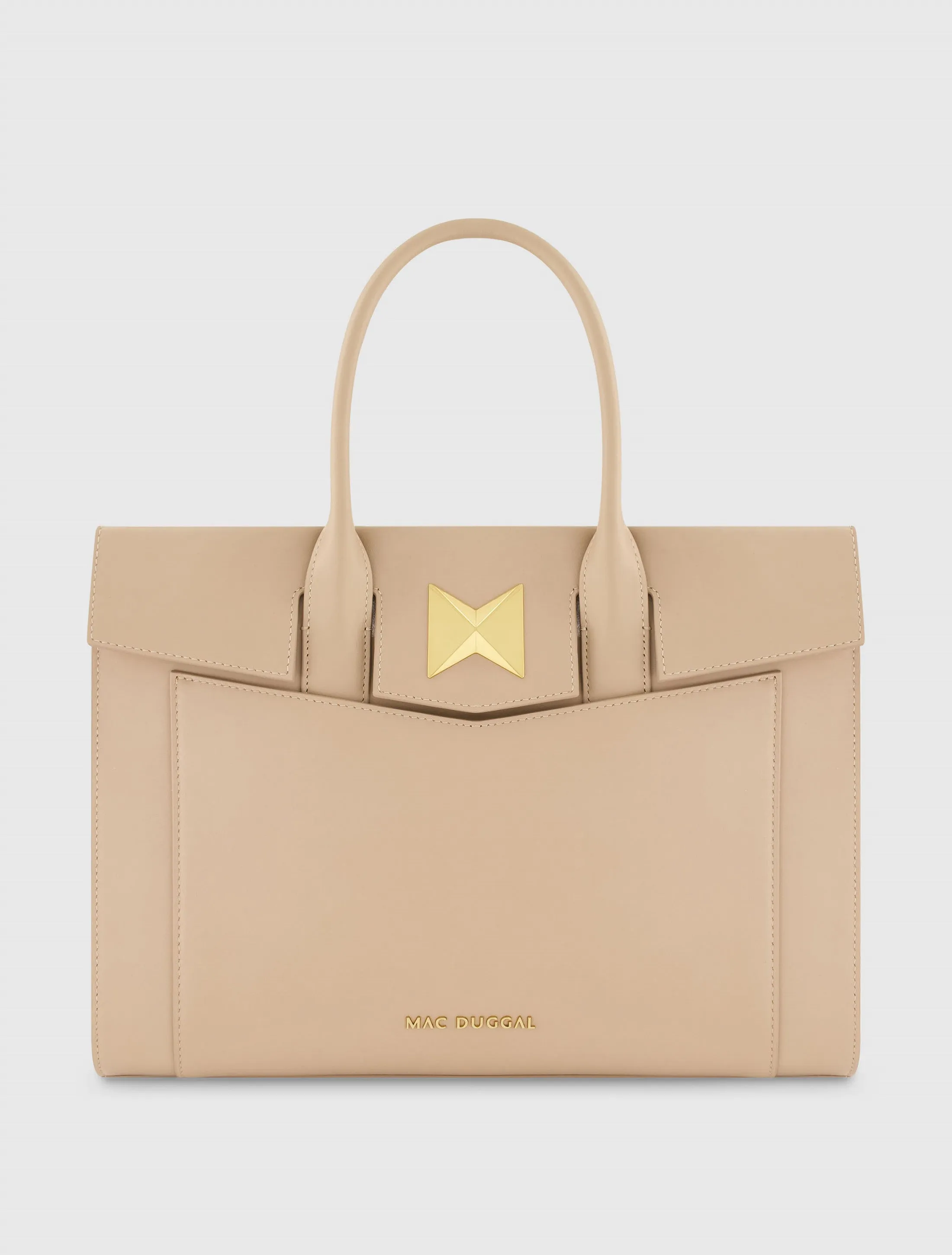 Beige Large Leather Briefcase Bag With Gold Hardware sold by Mac Duggal