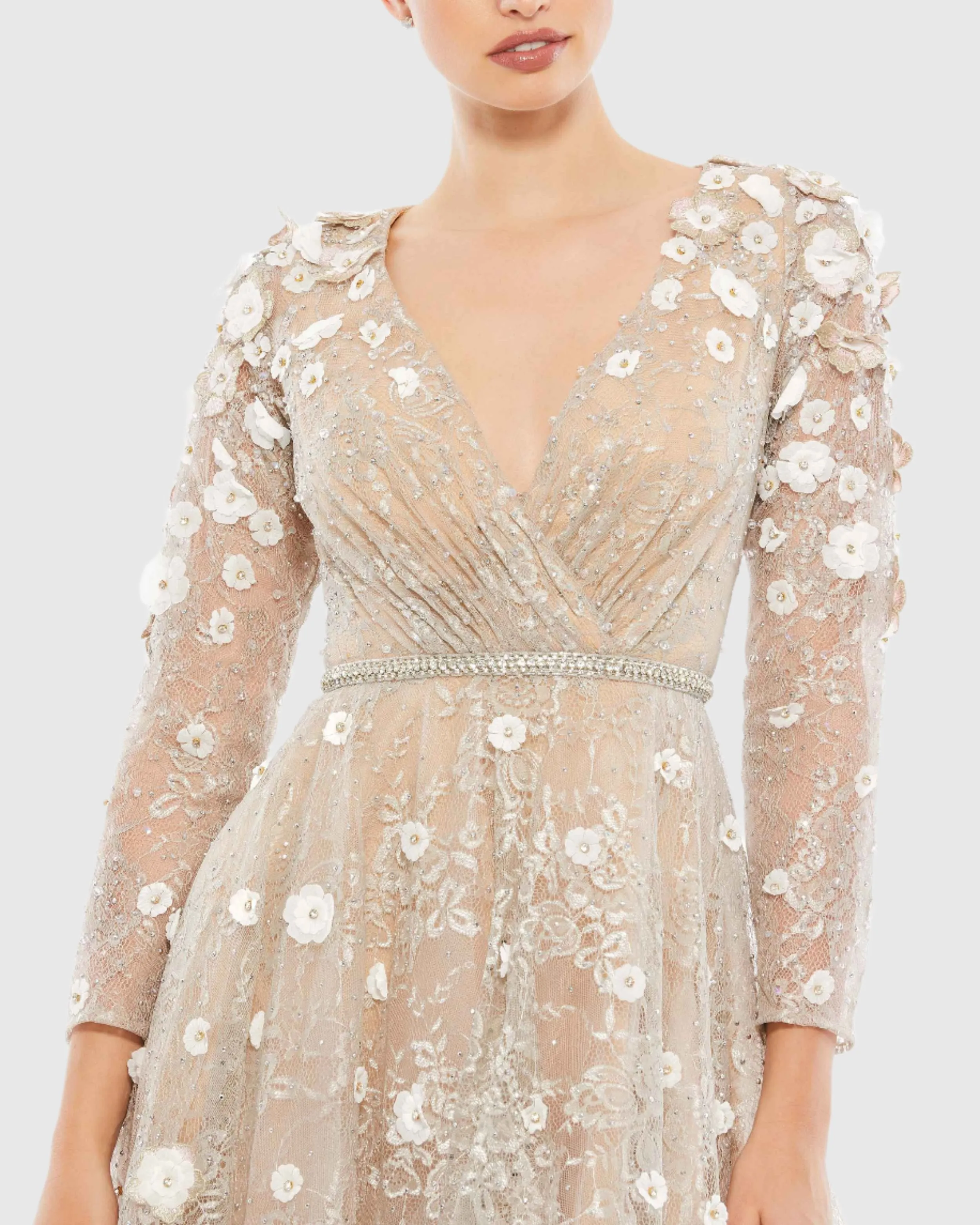 Beige Floral Embellished Lace A-Line Cocktail Dress sold by Mac Duggal product image thumbnail 2