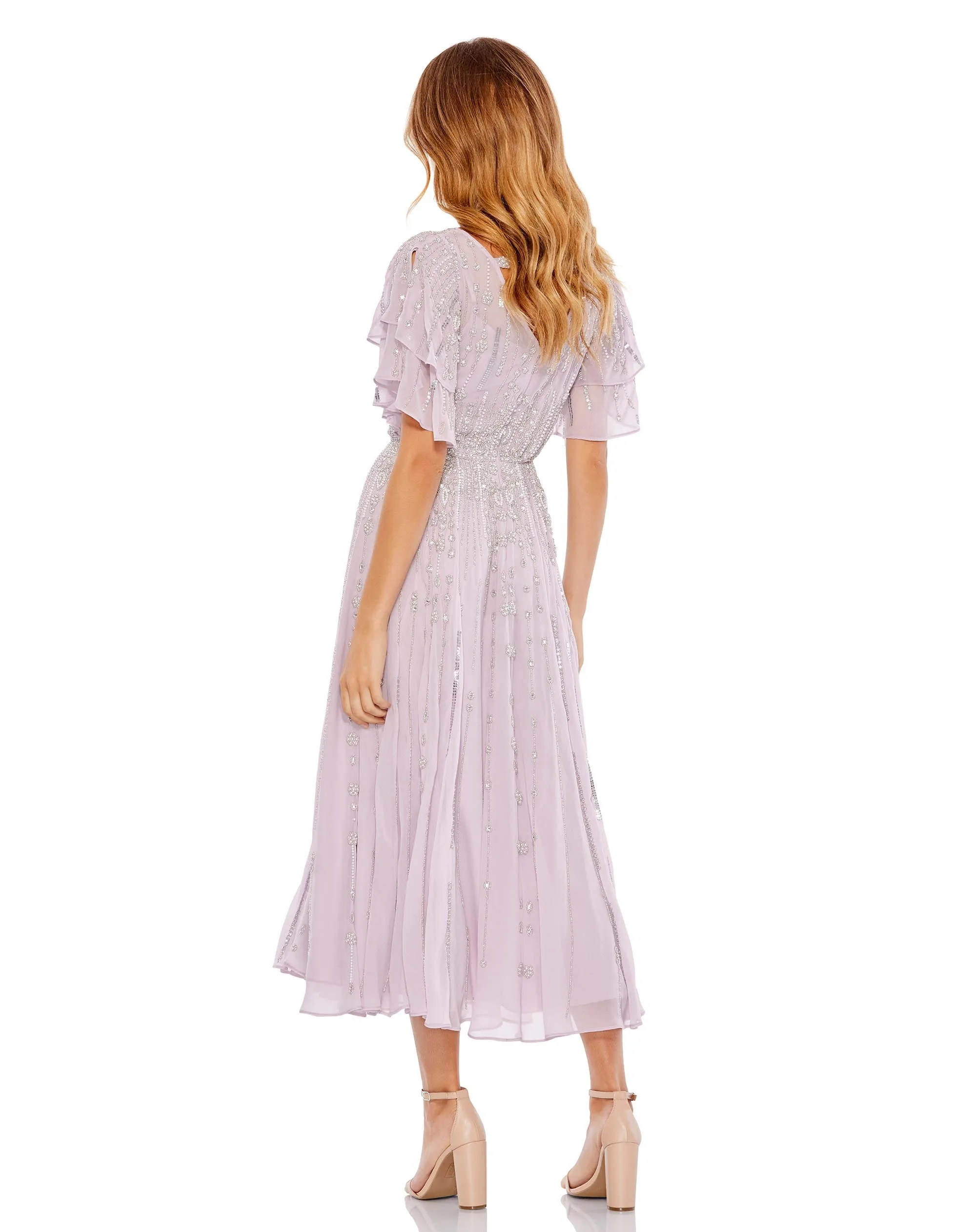 Purple High Neck Embellished Flutter Sleeve Midi Dress sold by Mac Duggal product image thumbnail 2
