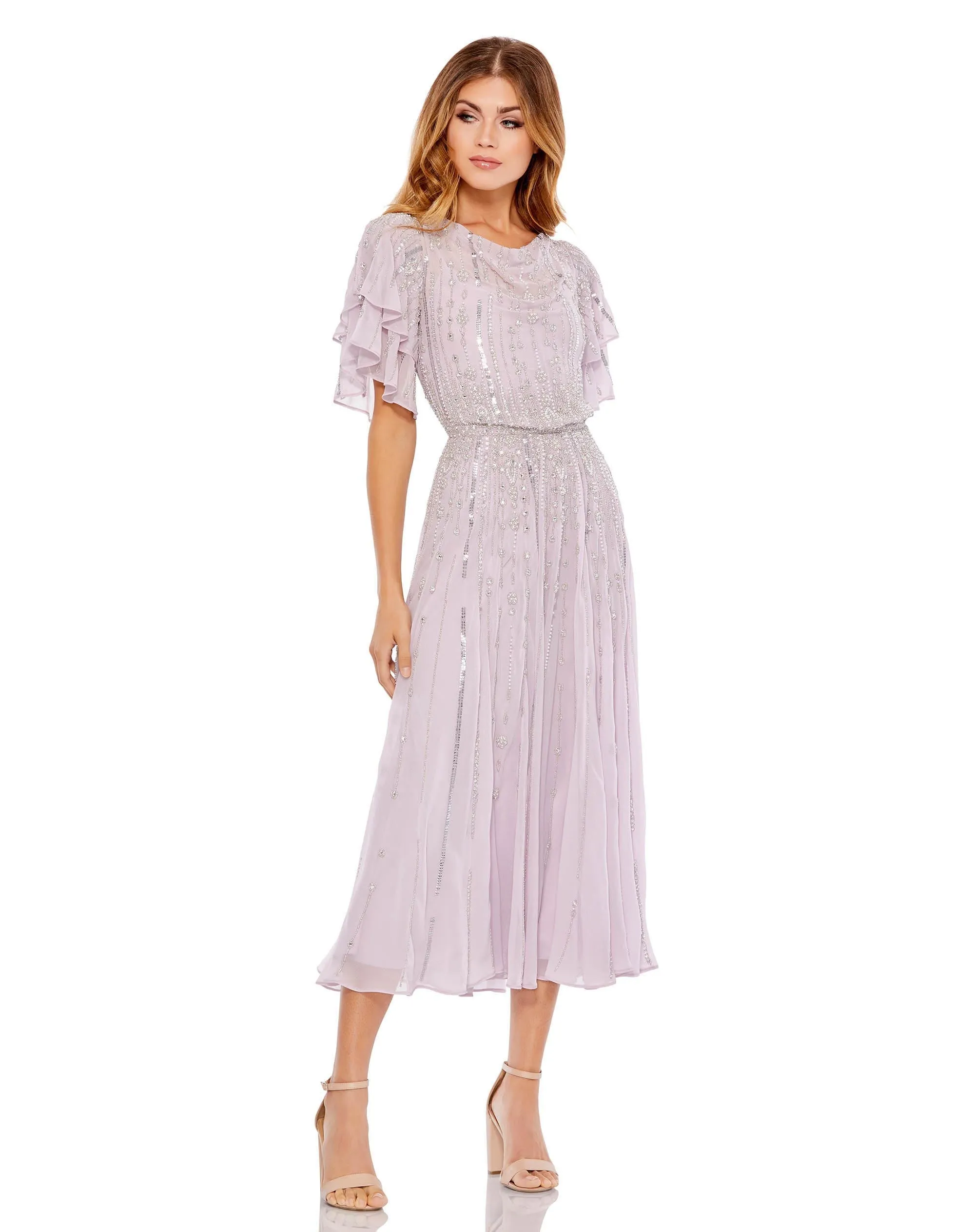 Purple High Neck Embellished Flutter Sleeve Midi Dress sold by Mac Duggal product image thumbnail 3