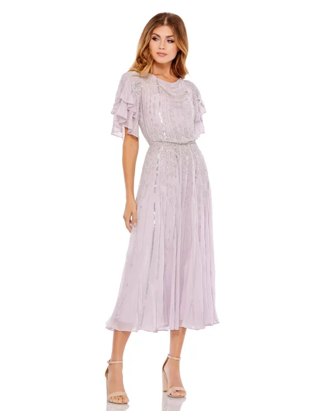 Purple High Neck Embellished Flutter Sleeve Midi Dress sold by Mac Duggal