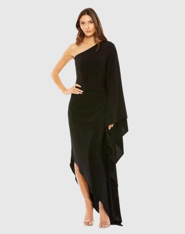 Black One Shoulder Cape Sleeve Ruched Detail Jersey Dress sold by Mac Duggal