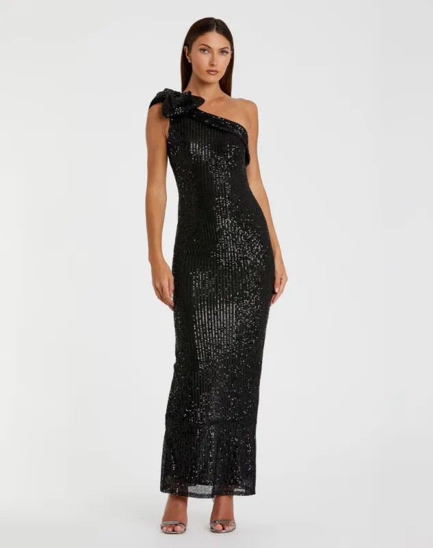 Black Sequined Bow One Shoulder Column Gown sold by Mac Duggal
