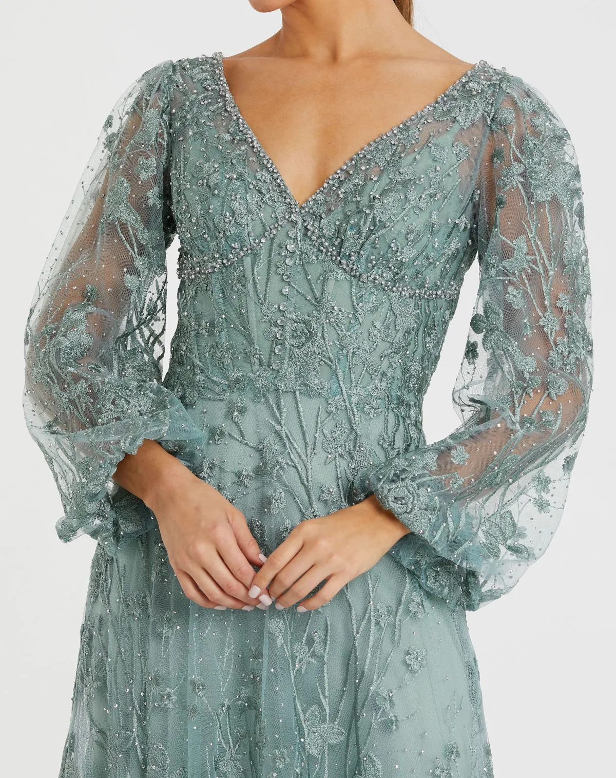 Green V-Neck Embroidered A-line Tea Length Dress sold by Mac Duggal product image thumbnail 2