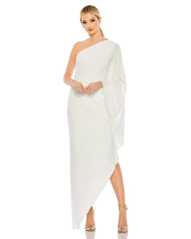 White One Shoulder Asymmetrical Hem Flowy Dress sold by Mac Duggal