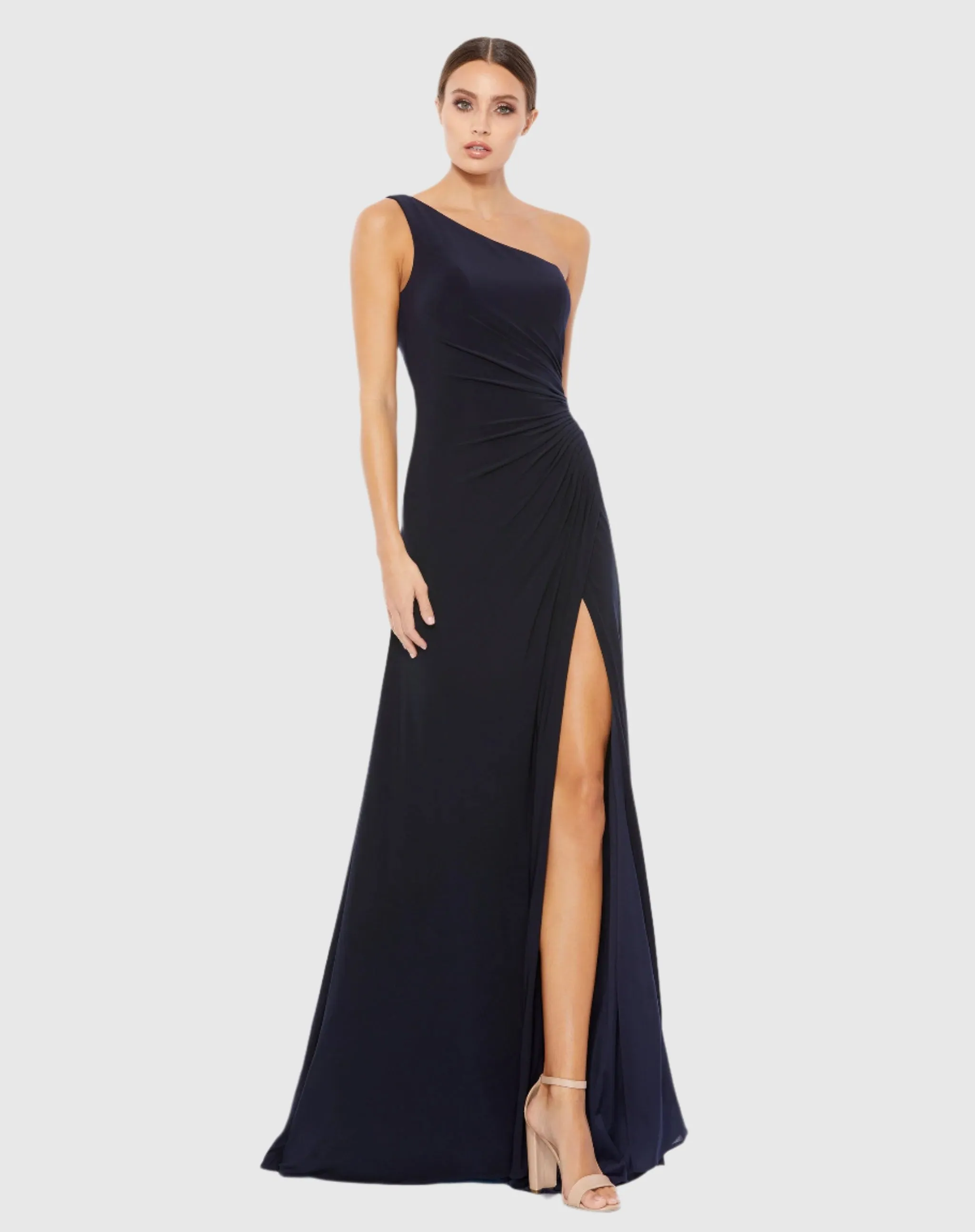 One Shoulder Ruched Jersey Evening Gown sold by Mac Duggal