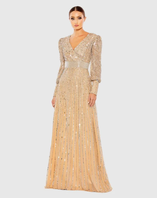 Sequined Wrap Over Bishop Sleeve Gown sold by Mac Duggal