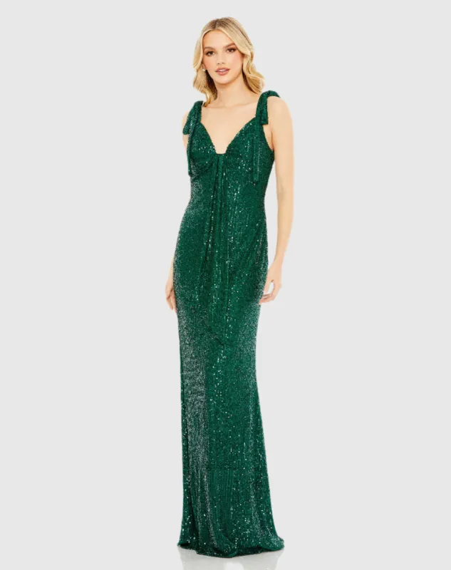 Sequined Low Back Bow Shoulder Gown sold by Mac Duggal