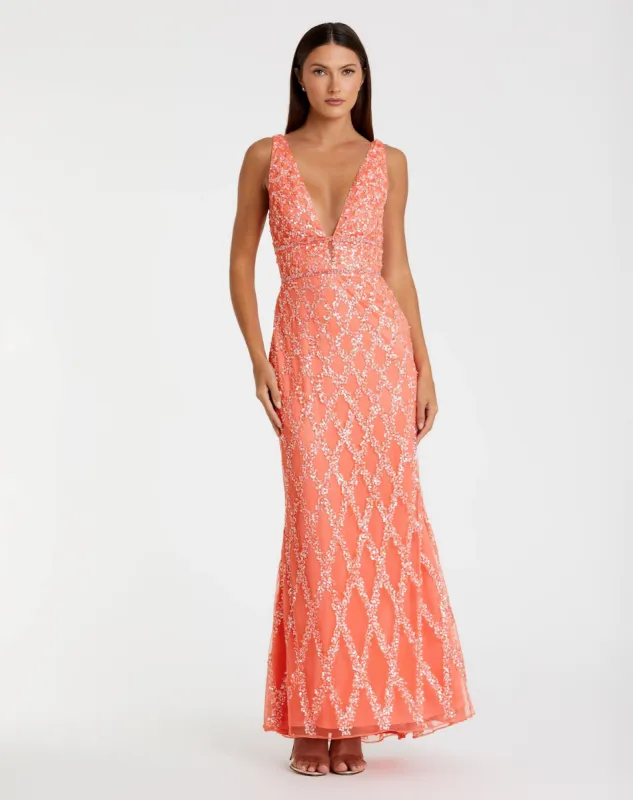 Sequined Plunge Neck Sleeveless Column Gown sold by Mac Duggal