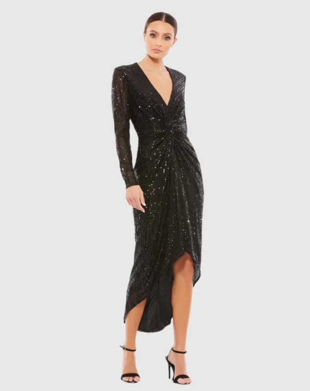 Black Sequined High Low Front Twist Midi Dress sold by Mac Duggal