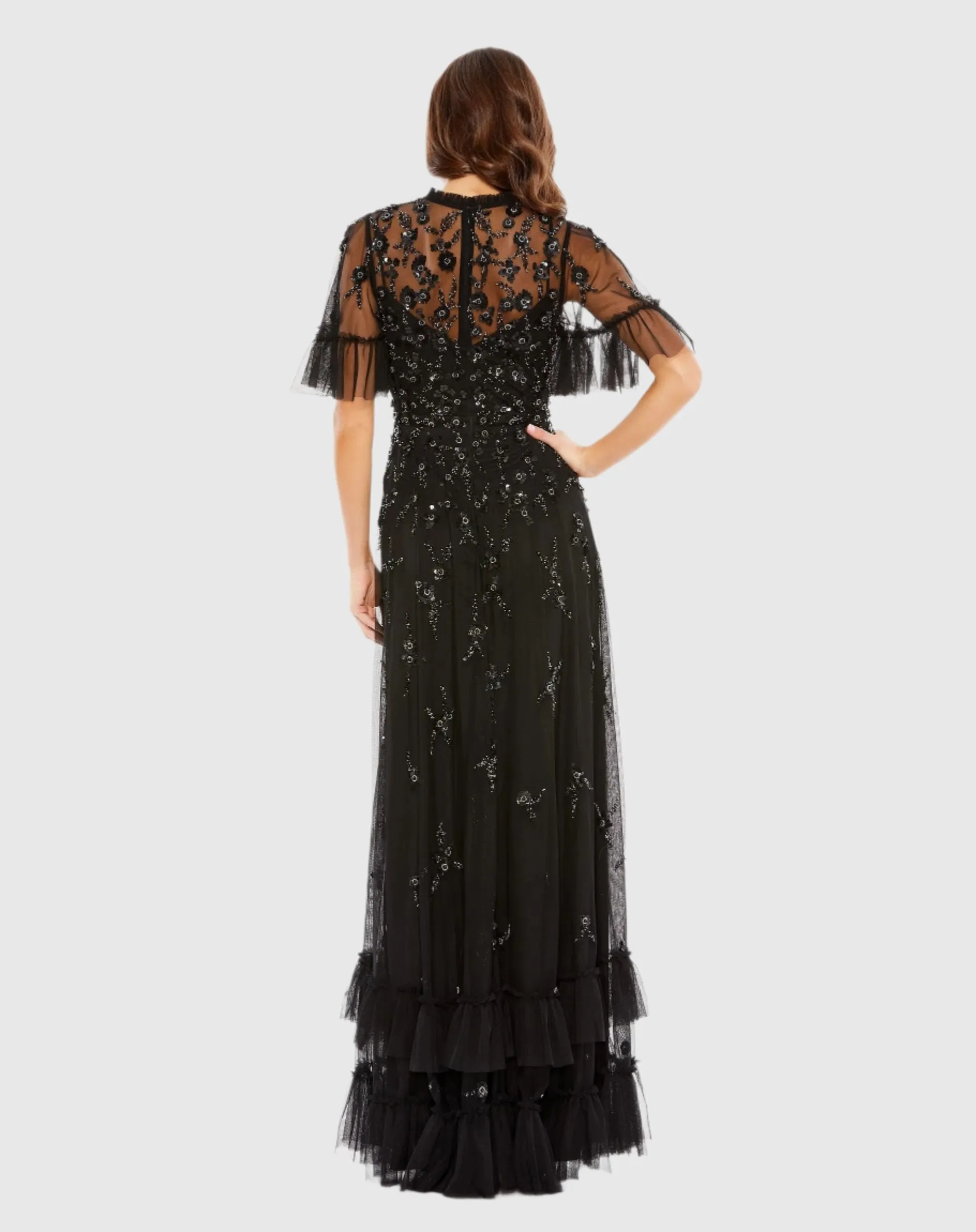 Black Ruffled Floral Embellished Flutter Sleeve A-Line Gown sold by Mac Duggal product image thumbnail 3