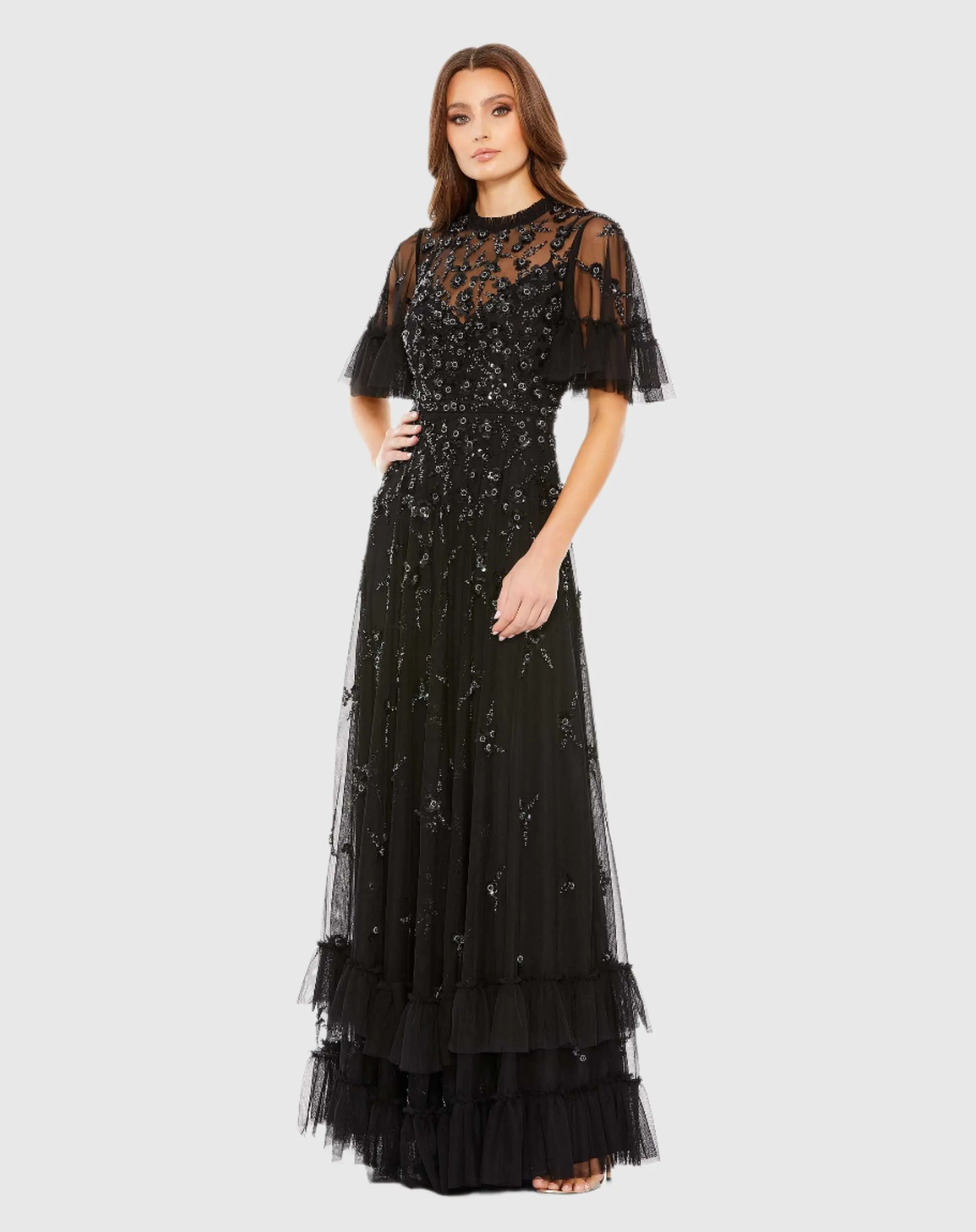 Black Ruffled Floral Embellished Flutter Sleeve A-Line Gown sold by Mac Duggal