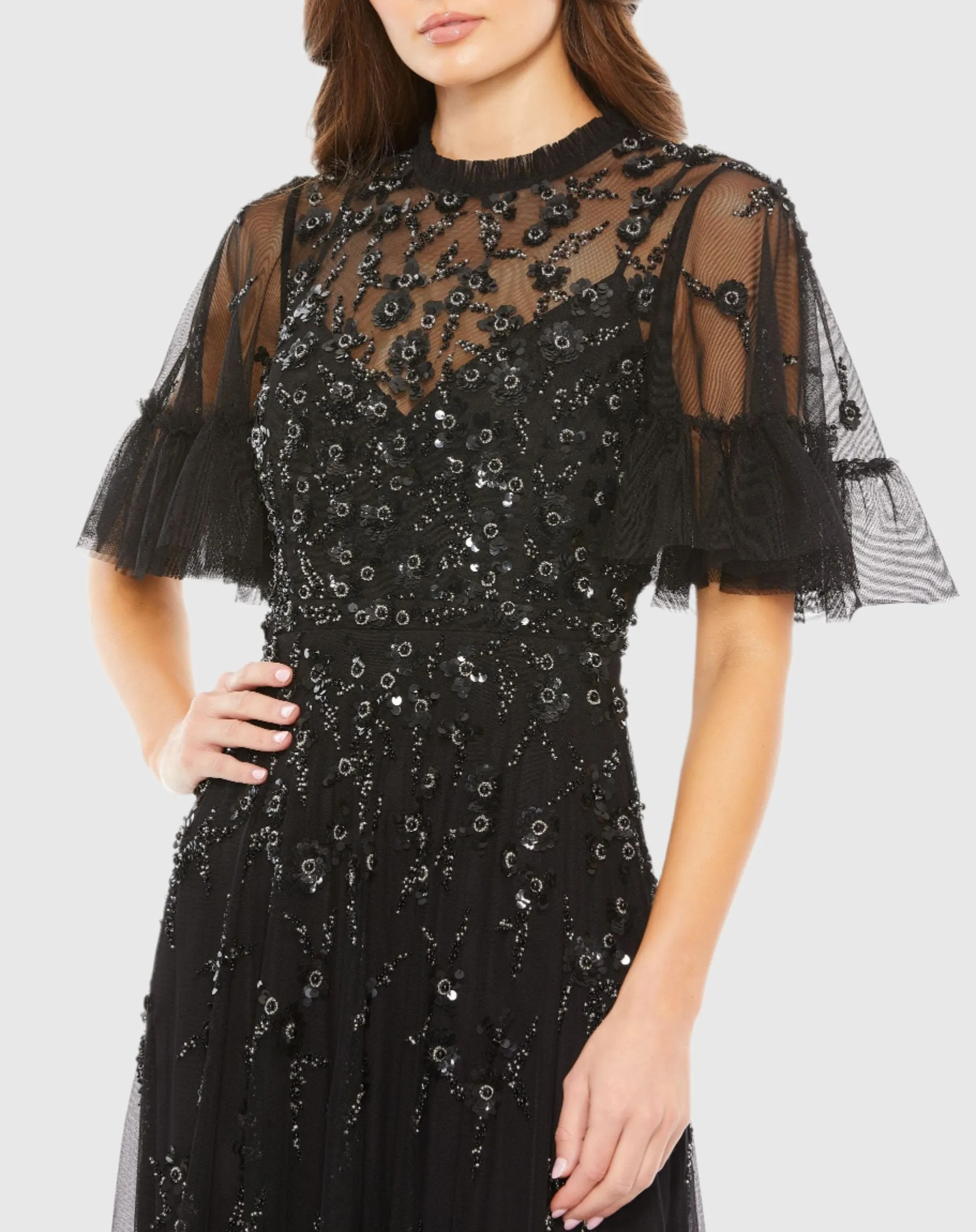 Black Ruffled Floral Embellished Flutter Sleeve A-Line Gown sold by Mac Duggal product image thumbnail 2
