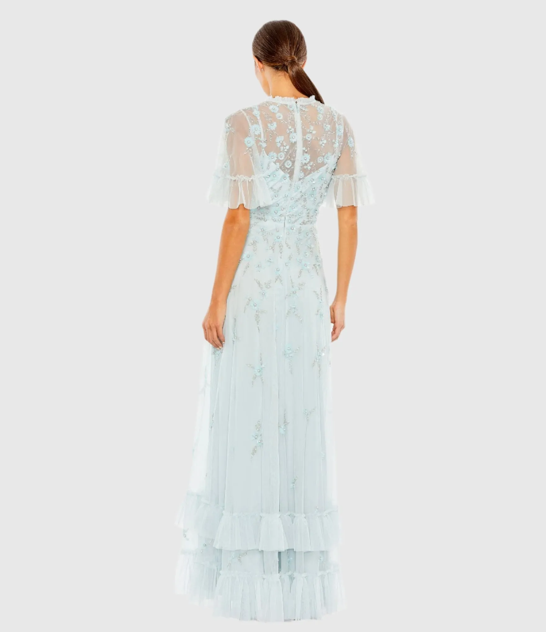 Blue Ruffled Floral Embellished Flutter Sleeve A-Line Gown sold by Mac Duggal product image thumbnail 3