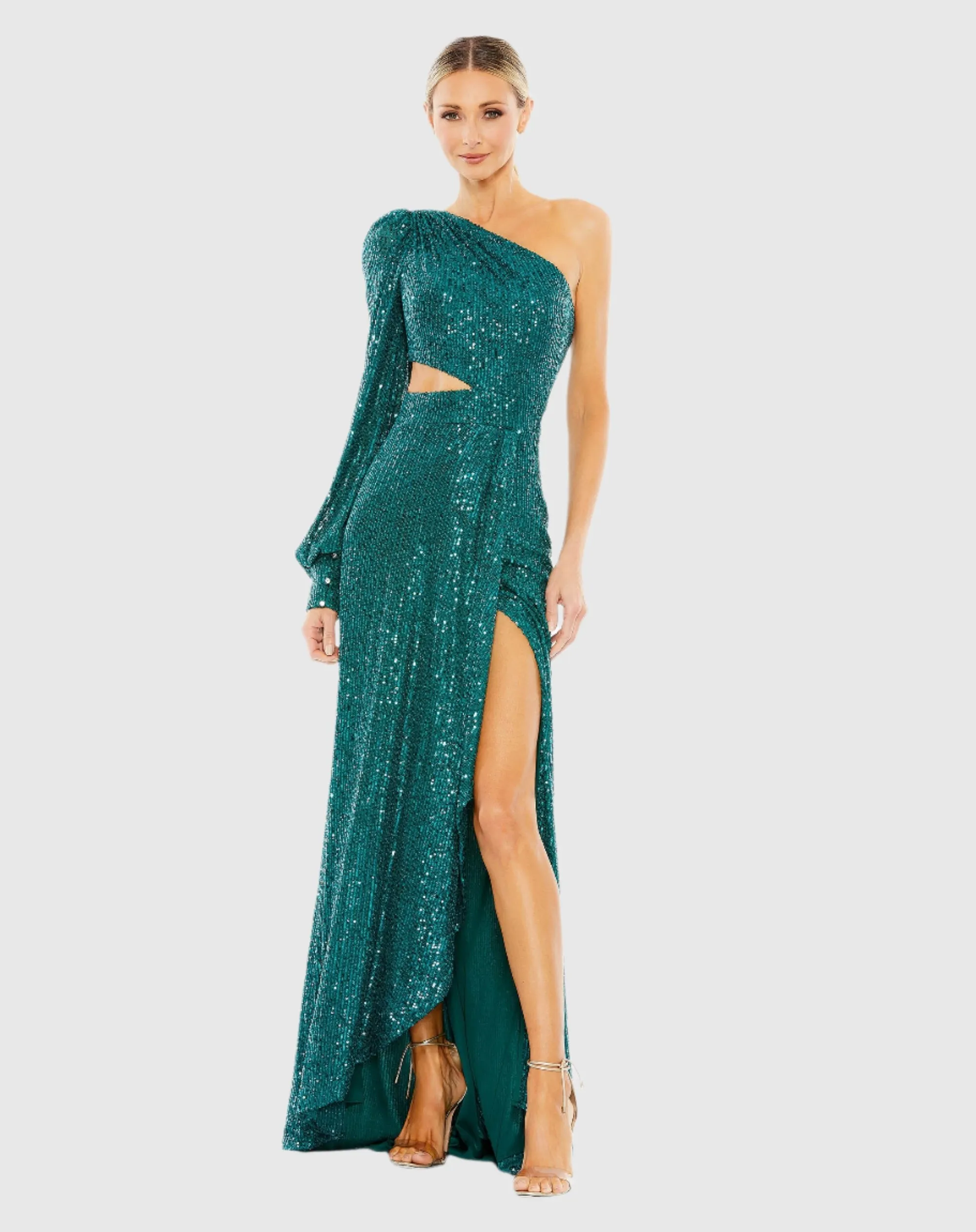 Green Sequined One Shoulder Cut Out Gown sold by Mac Duggal