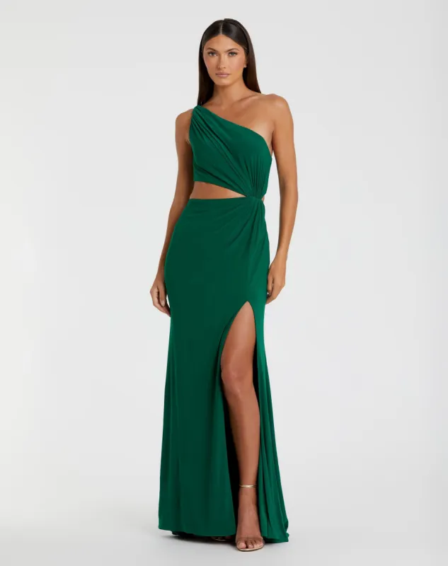 Green One Shoulder Ruched Cut Out Jersey Gown sold by Mac Duggal