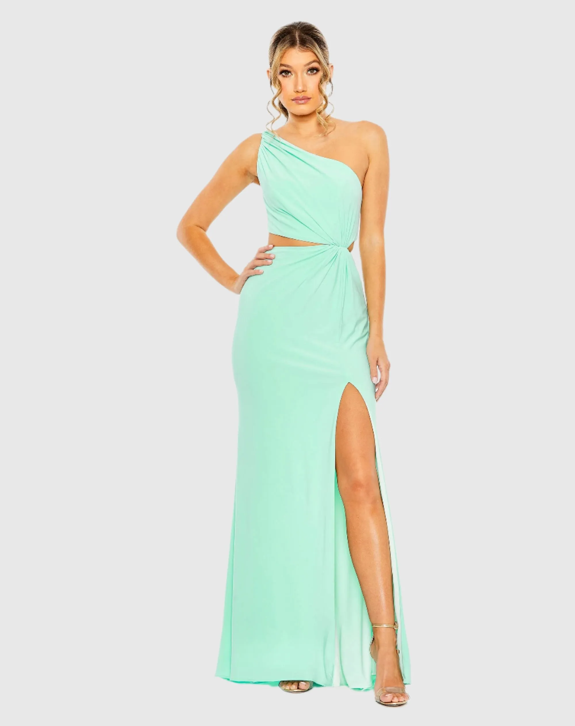 Green One Shoulder Ruched Cut Out Jersey Gown sold by Mac Duggal