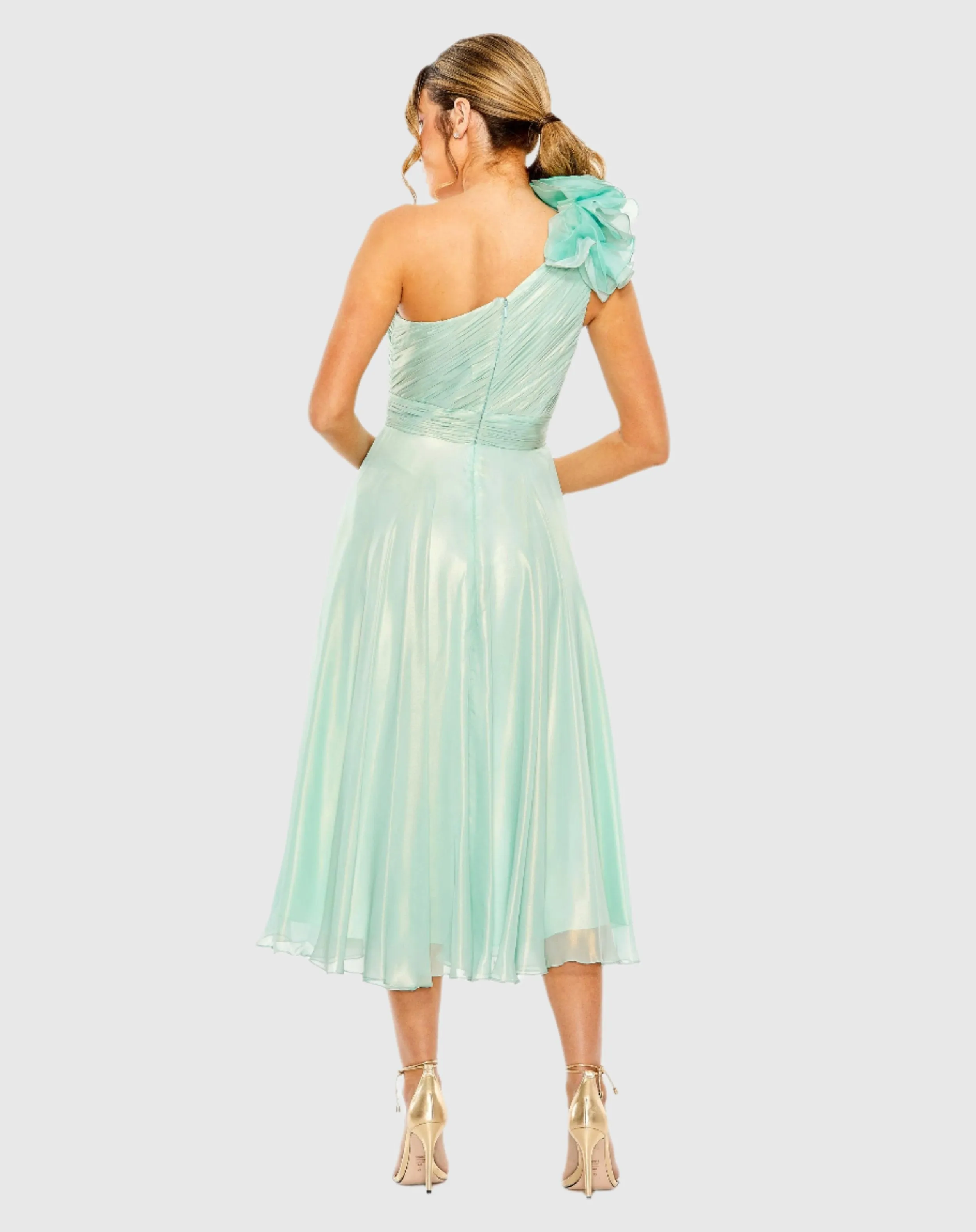 Green Rosette One Shoulder Tea Length Dress - FINAL SALE sold by Mac Duggal product image thumbnail 3