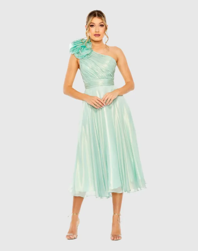 Green Rosette One Shoulder Tea Length Dress - FINAL SALE made by Mac Duggal