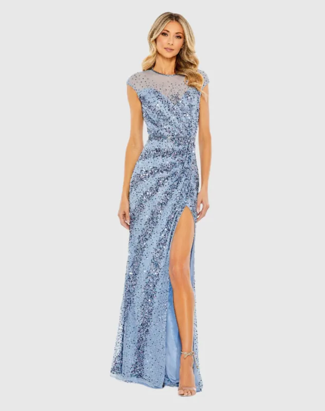 Blue Embellished Illusion High Neck Cap Sleeve Gown sold by Mac Duggal