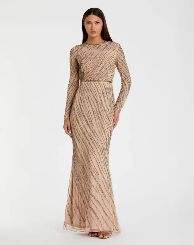 Beige Long Sleeve Beaded Column Gown sold by Mac Duggal
