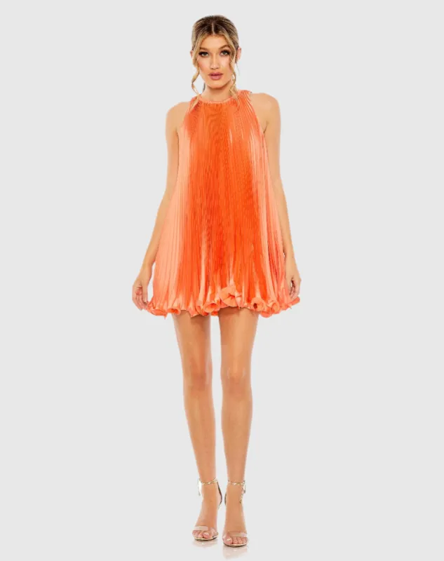 Orange Pleated Halter Neck Flowy Mini Trapeze Dress sold by Mac Duggal