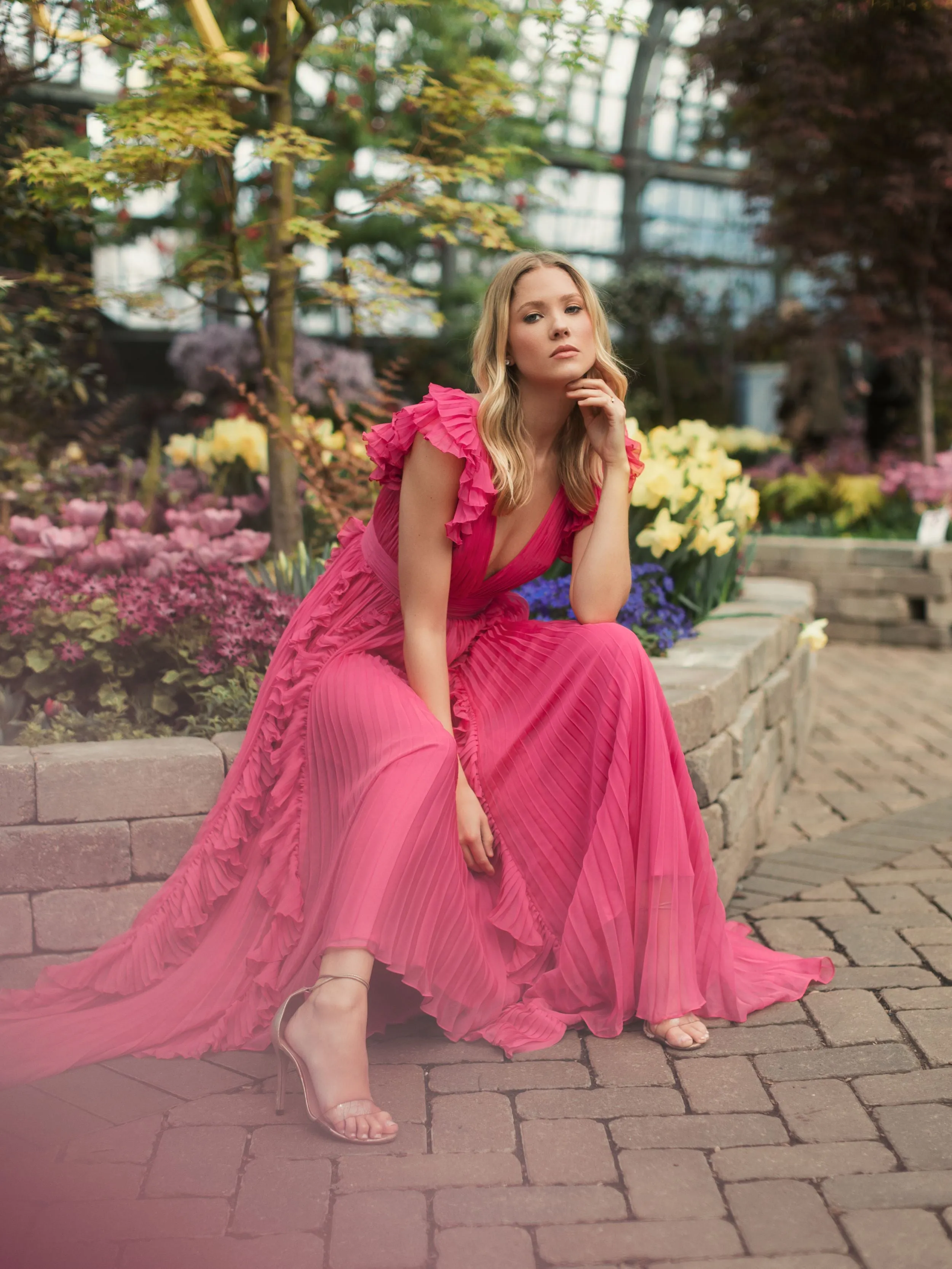 Pink Pleated Ruffle Cap Sleeve Flowy A Line Gown sold by Mac Duggal product image thumbnail 4