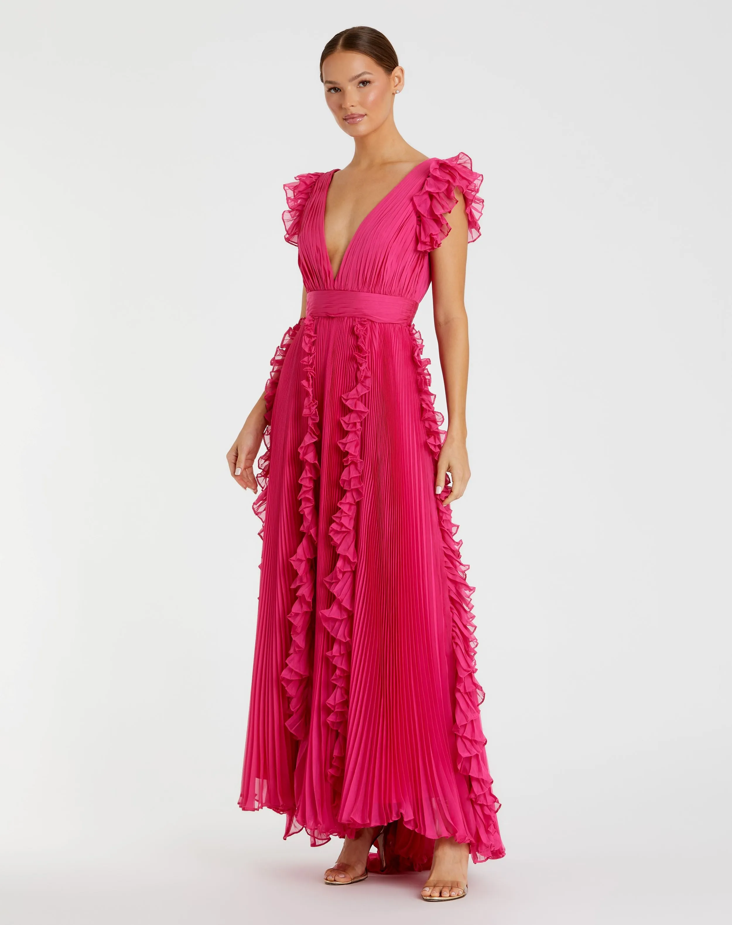 Pink Pleated Ruffle Cap Sleeve Flowy A Line Gown sold by Mac Duggal