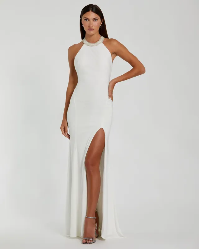 White Beaded Halter Jersey Gown sold by Mac Duggal
