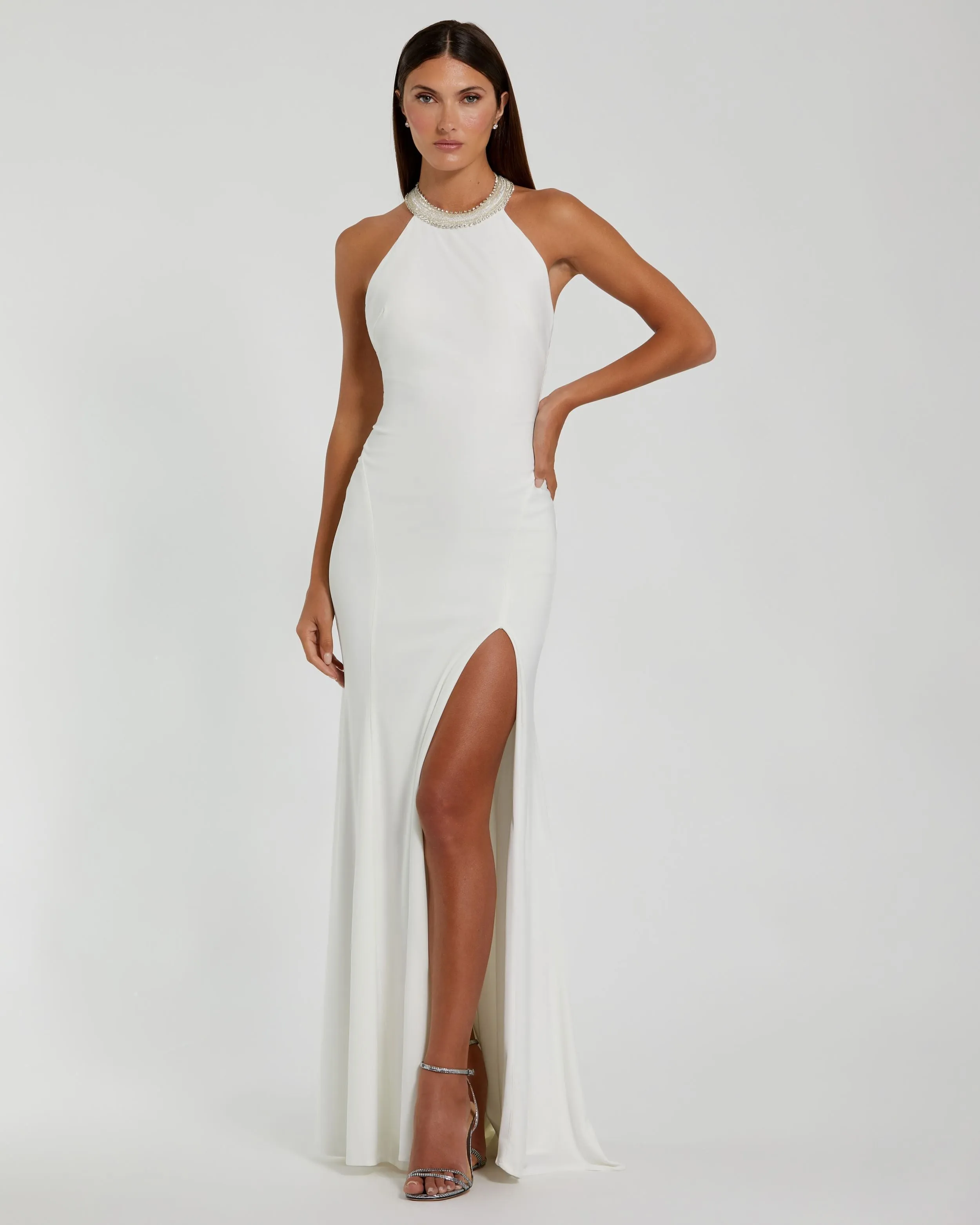 White Beaded Halter Jersey Gown sold by Mac Duggal