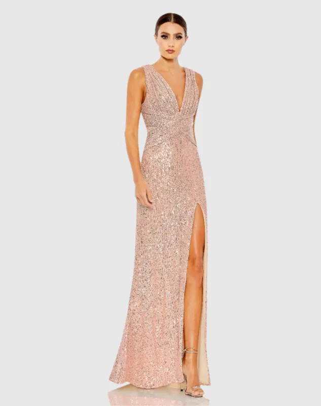 Pink V-Neck Sequin Wrap Waist Gown sold by Mac Duggal