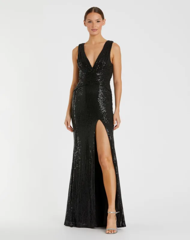 Black V-Neck Sequin Wrap Waist Gown sold by Mac Duggal