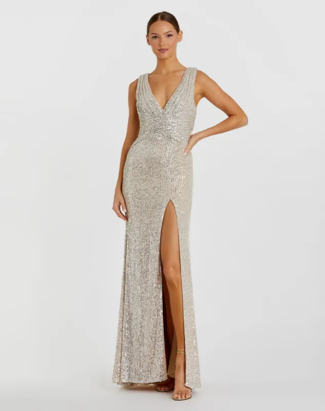 Silver V-Neck Sequin Wrap Waist Gown sold by Mac Duggal