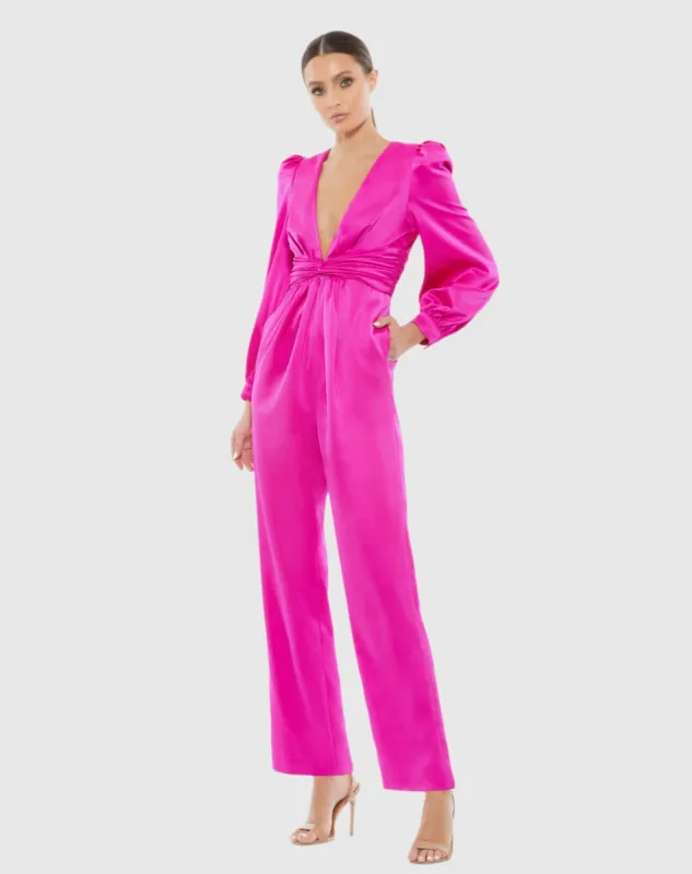 Pink Front Twist Puff Sleeve Deep V Jumpsuit sold by Mac Duggal