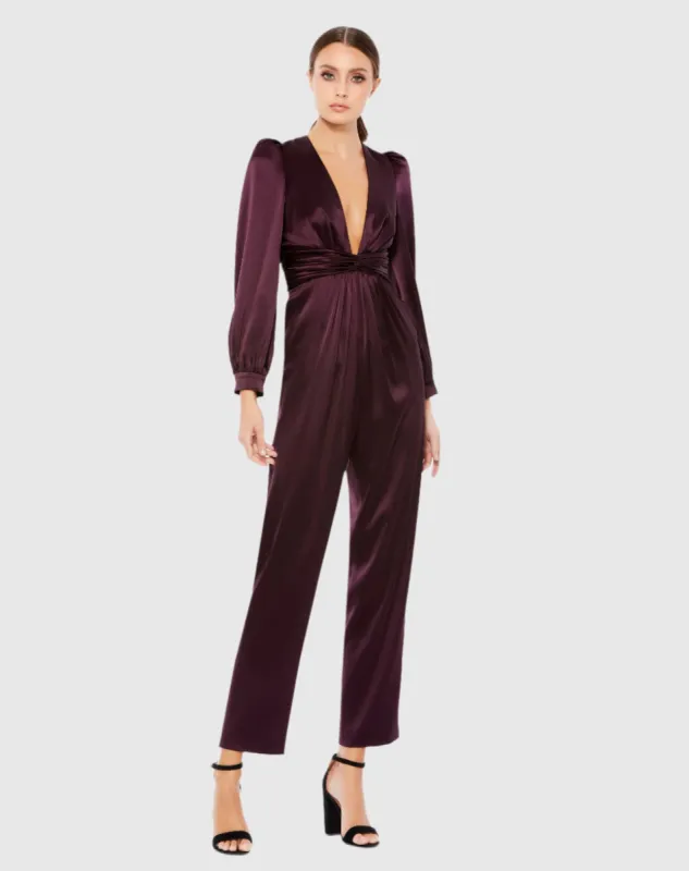 Purple Front Twist Puff Sleeve Deep V Jumpsuit sold by Mac Duggal
