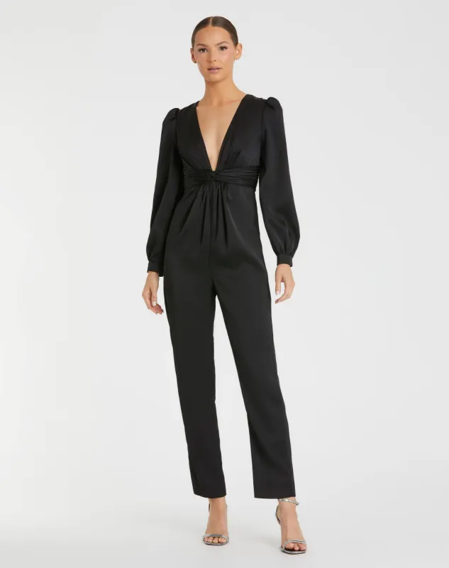 Black Front Twist Puff Sleeve Deep V Jumpsuit sold by Mac Duggal