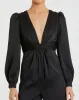 Black Front Twist Puff Sleeve Deep V Jumpsuit sold by Mac Duggal