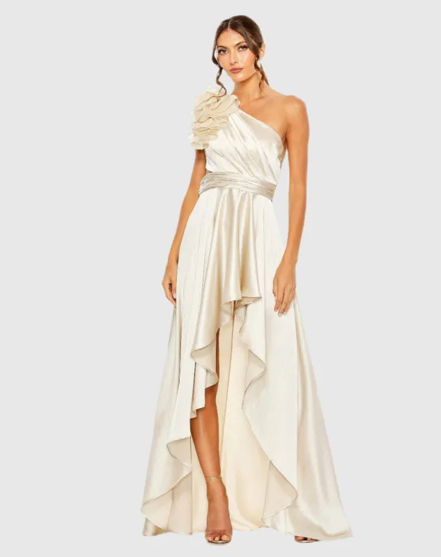 Beige Ruffled One Shoulder Cut Out Hi-Low Gown sold by Mac Duggal
